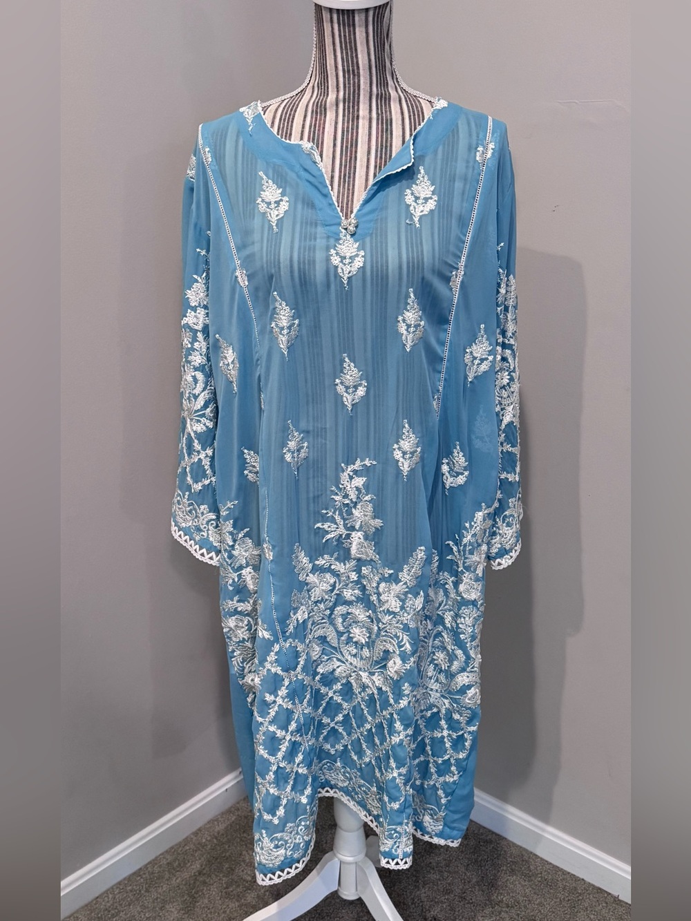 Sana Safinaz Women's Sz XL Pakistani Long Shirt Lace Embroidered Blue Dress